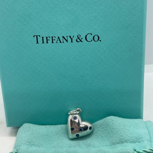 RARE Tiffany & Co. Blue Sapphire Etoile Heart Charm Pendant Sterling Silver - Picture 10 of 15